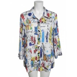 Ali Miles Women 1X Colorful Cityscape Print Button Front Shirt Top 3085